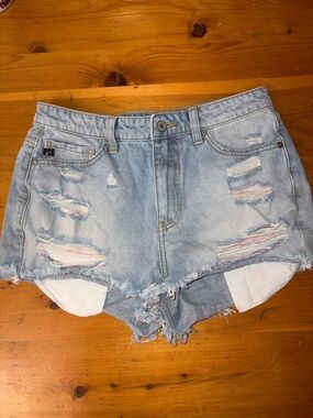 KanCan Light Blue Distressed Women's Jean Shorts Rainbow Threads Size 9/28